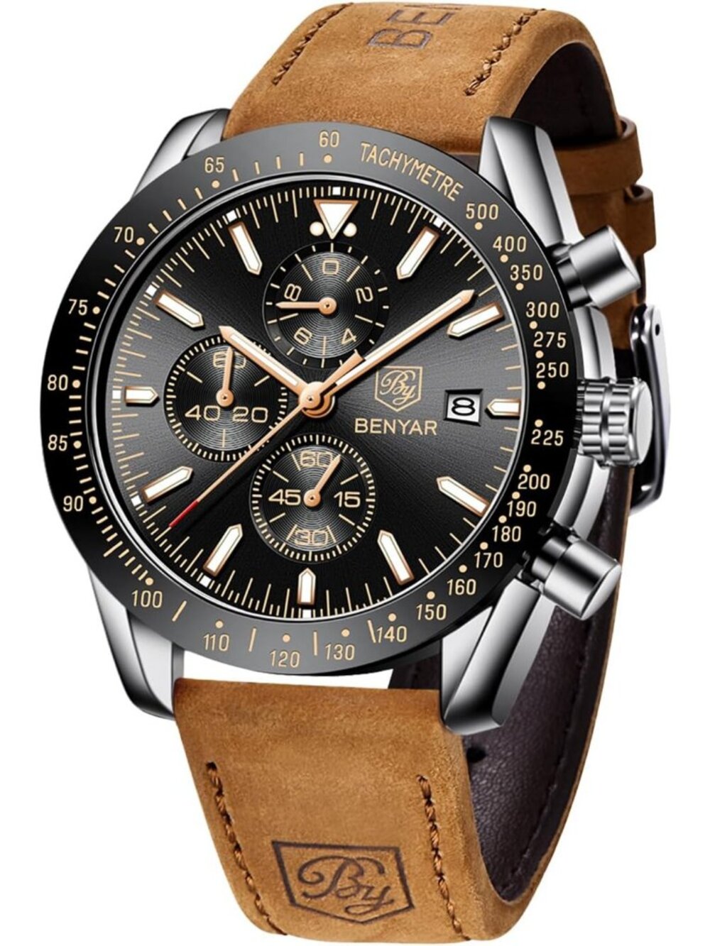 Men's Black Face Analog Brown Silicone Strap Chronograph Luminous Casual Watch